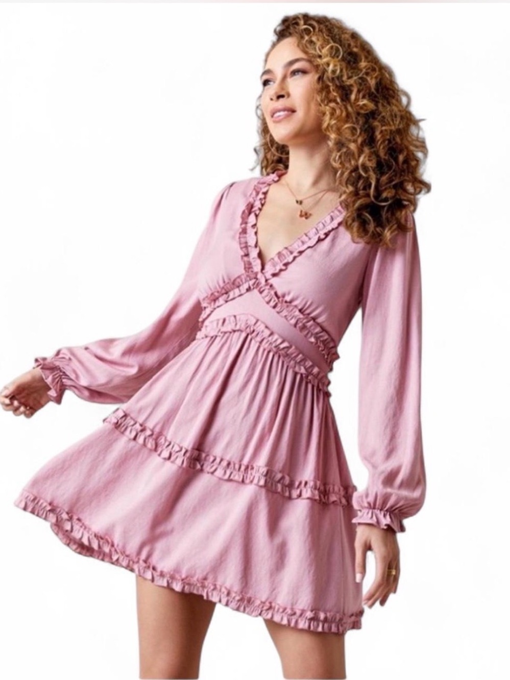 NWT Francesca’s Mi Ami Pink Ruffle V-Neckline Mini Dress - Size M